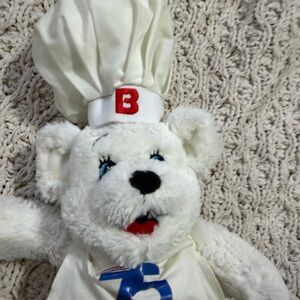 White BIMBO Bear Plush with Red and Blue Accents